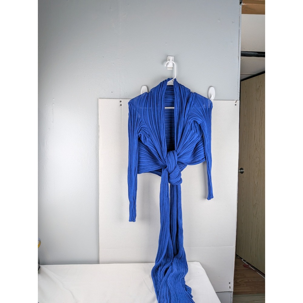 Anne Klein Blue Ribbed Knit Wrap Cardigan‎ Sweater Tie Front Shawl Collar L XL